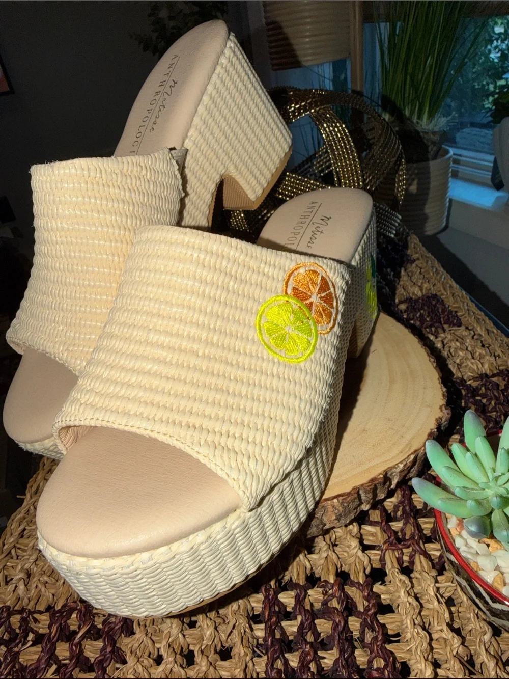 Matisse x Anthropologie Embroidered Citrus Raffia Platform Sandals Size 9 NEW
